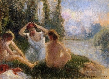 the bath of psyche Painting - bathers seated on the banks of a river 1901 Camille Pissarro